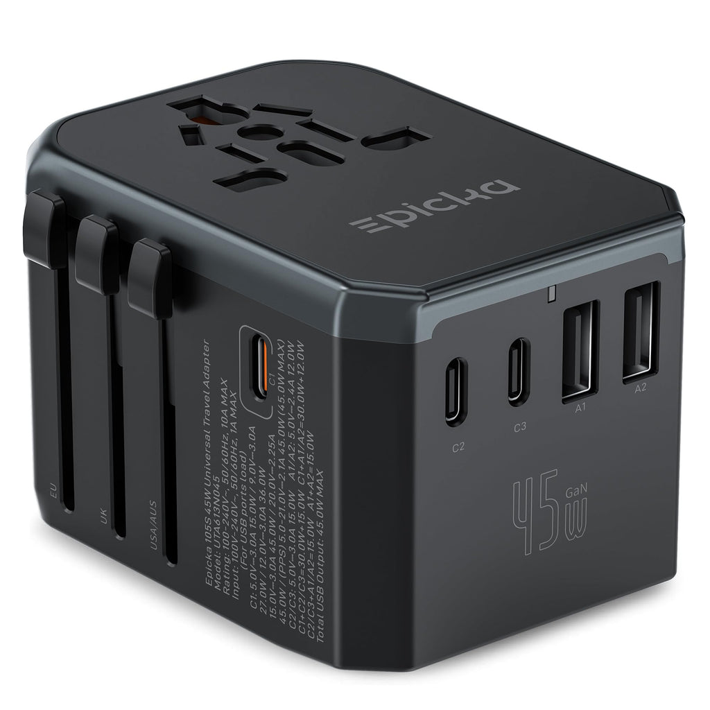 EPICKA Universal Travel Adapter GaN 45W, European Travel Plug Adapter with PD&QC Fast Charging(2 USB-A & 3 USB-C Ports) - Worldwide Travel Essentials, International Power Adapter for UK/US/AU (Black)
