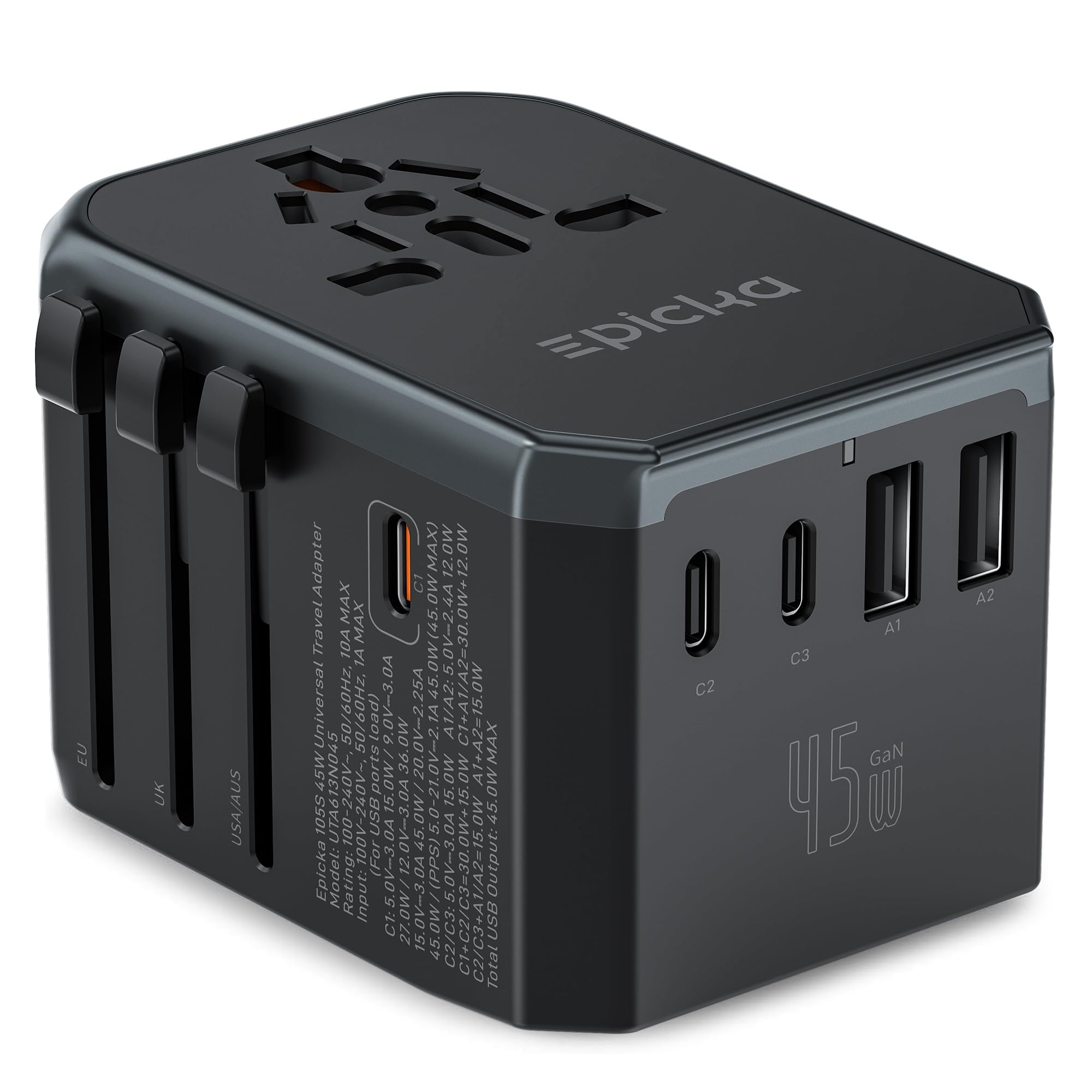 EPICKA Universal Travel Adapter GaN 45W, European Travel Plug Adapter with PD&QC Fast Charging(2 USB-A & 3 USB-C Ports) - Worldwide Travel Essentials, International Power Adapter for UK/US/AU (Black)