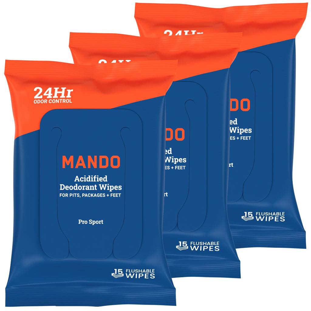 Mando Deodorant Wipes - 24 Hour Odor Control - Aluminum Free, Baking Soda Free, Skin Safe - 15 Count (Pack of 3)