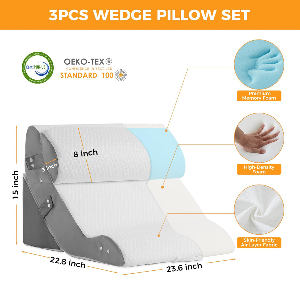 Ruqmuis 3PCS Wedge Pillow Set for After Surgery, Adjustable Back Pillow for Bed Sitting up, Acid Reflux, Bed Wedge Pillow Headboard for Sleeping & Snoring, Orthopedic Pillow for Post Surgery, White