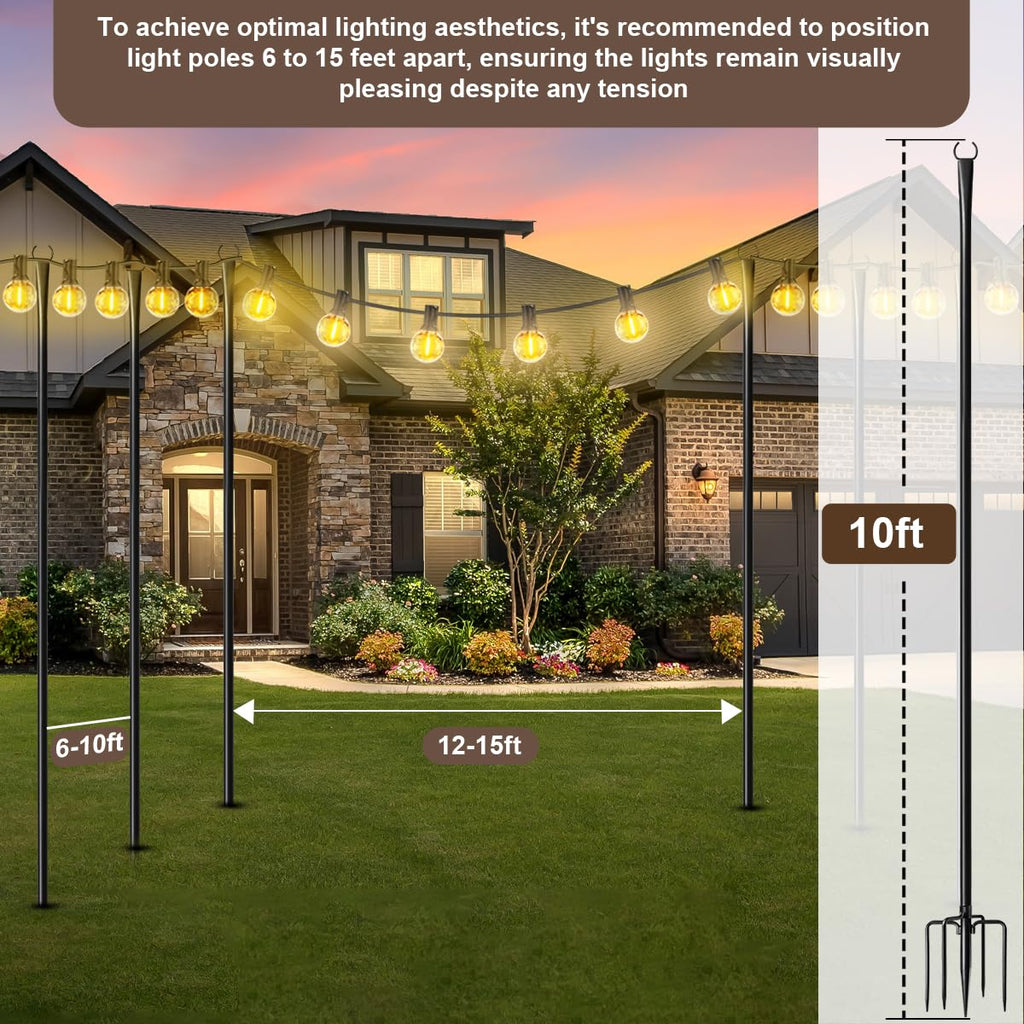 MuliVid 4 Pack String Light Poles for Outdoor,Metal Light Hanging Pole Outside with Fork,Light Stand for Patio, Pergola, Garden, Backyard, Yard, Camping Party (4 Pack)