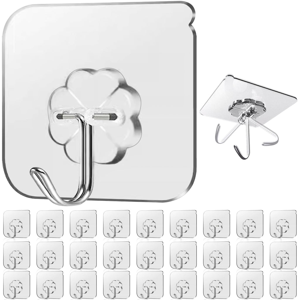 Lahedomege 28 Pack Sticky Hooks for Hanging Heavy Duty, Wall Hooks Adhesive, Clear self Adhesive Hooks for Wall, Kitchen, Bathroom, Shower & Ceiling