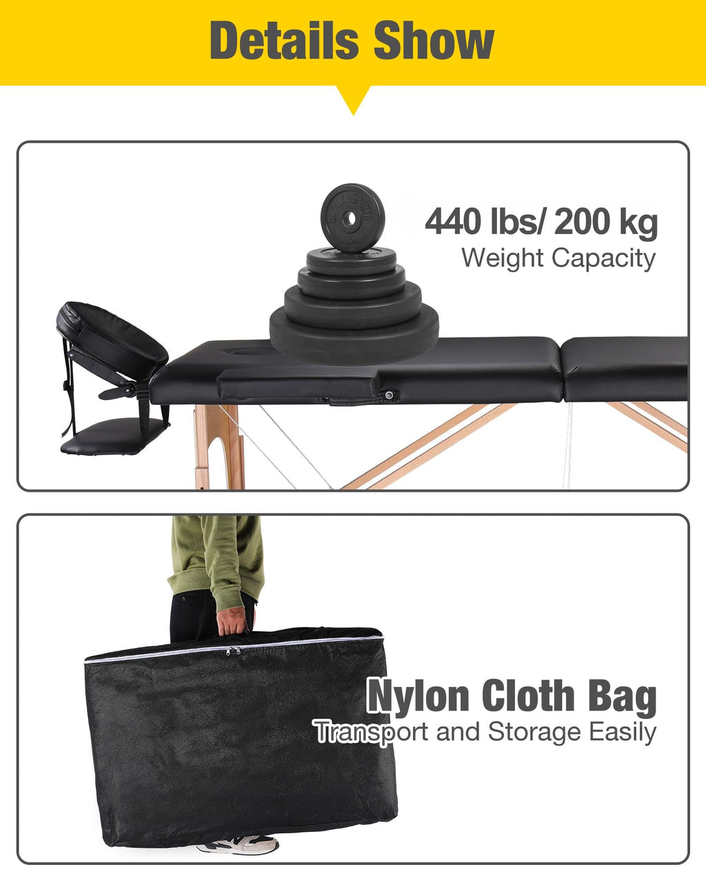 Professional Massage Table Portable Massage Bed for Spa Salon Tattoo Esthetician Lash Reiki, Adjustable Height 84" Long & 500 LBS Load Capacity, Black (2-Section)