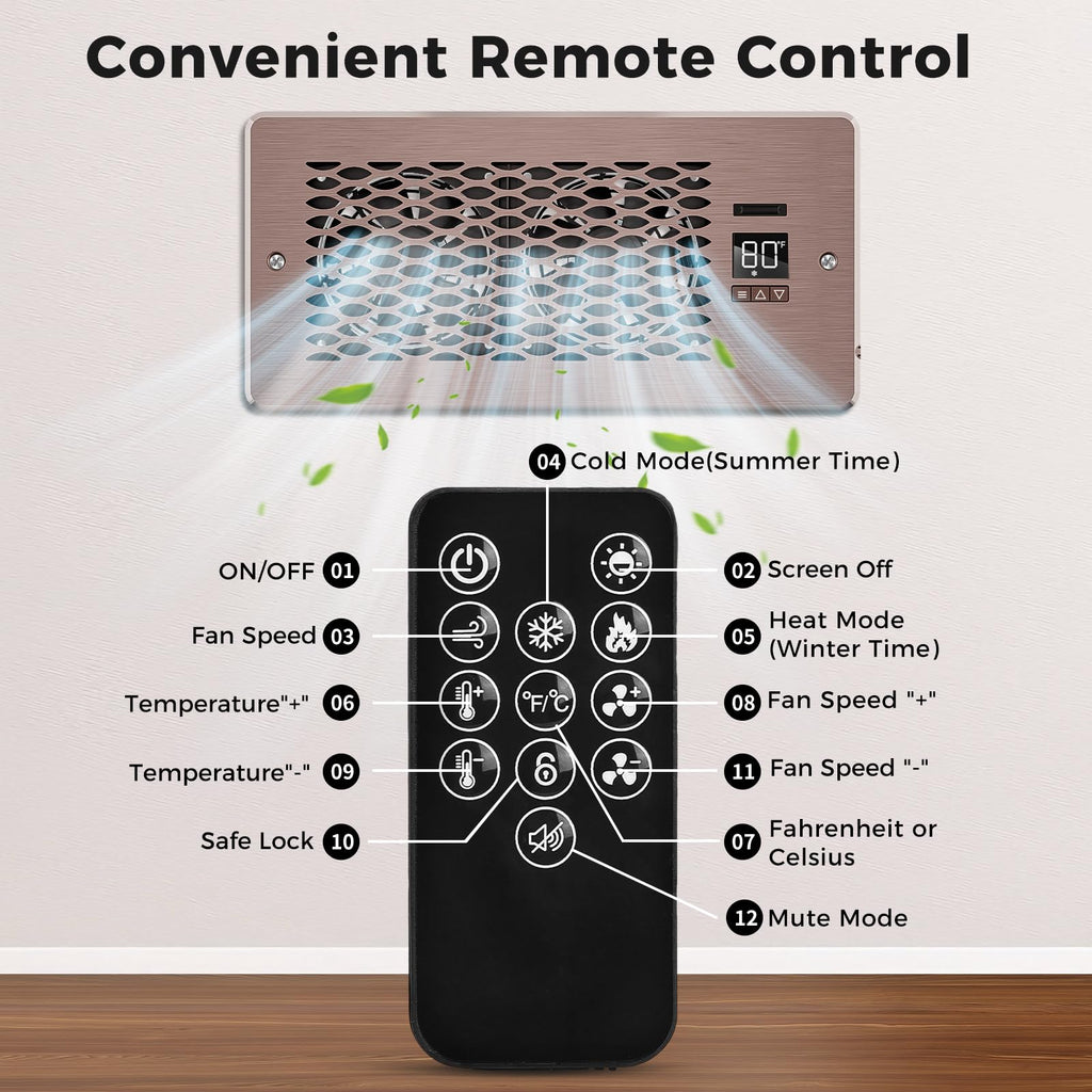KHEOED Built-in Register Booster Fan with Cover for Air Heat Vent with Fan,Fits 4"x10" Duct/Ceiling/Floor Vents, Improves AC & Heating/Cooling,Quiet 10-Speed Household/Bedroom Ventilation,smart,Bronze