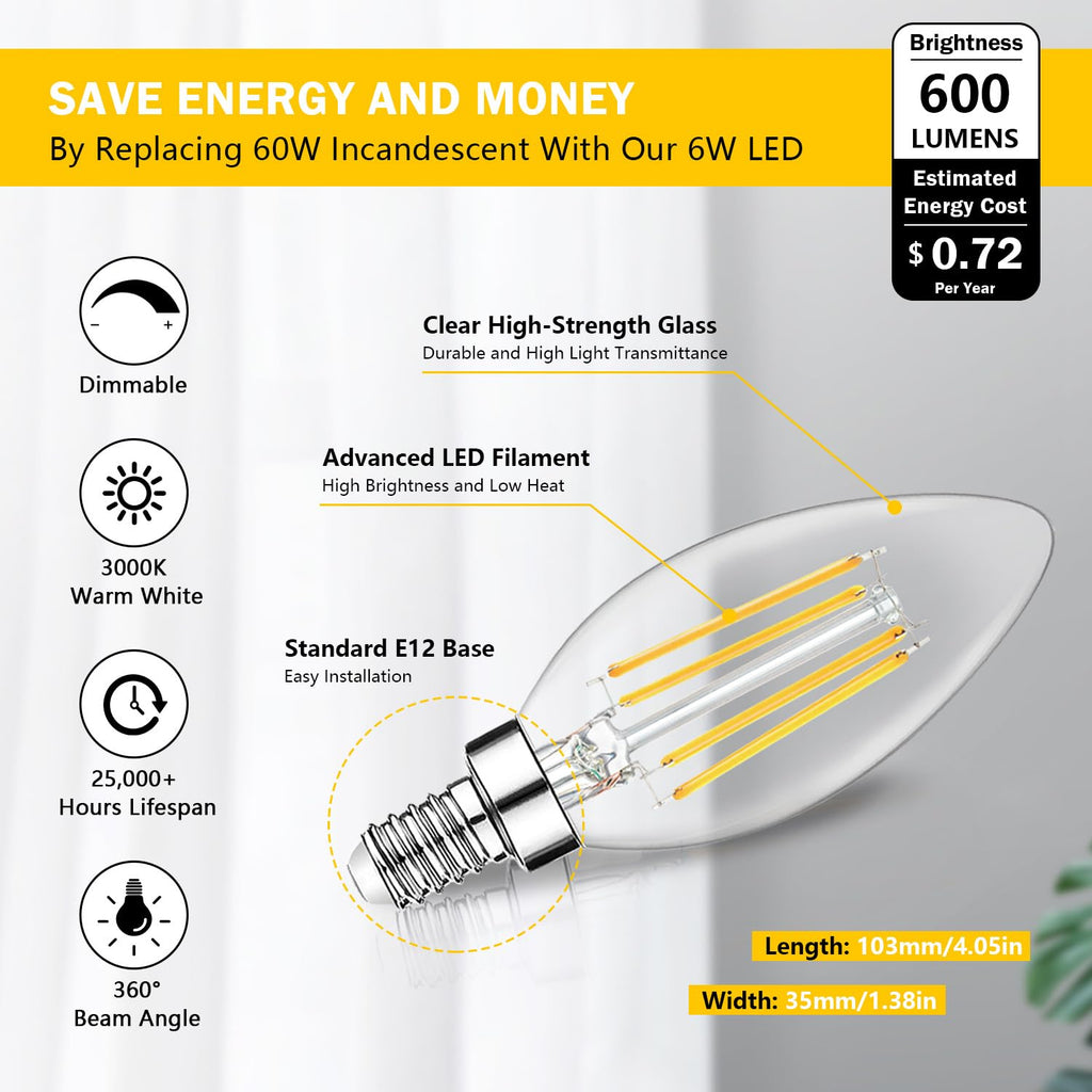 12-Pack Dimmable E12 LED Candelabra Bulbs 60W Equivalent, 3000K Soft Warm White, 600 Lumens B11 Candle Base 6W C35 LED Filament Vintage Light Bulbs, Clear Glass for Chandelier Ceiling Fan High CRI 90+