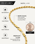 RTZN® Rope Chain for Men – 4mm 18K Gold Mens Rope Chain – Premium Stainless Steel Necklace for Men – Non-Tarnish & Waterproof Gold Mens Chain Necklaces (20'' Inches)