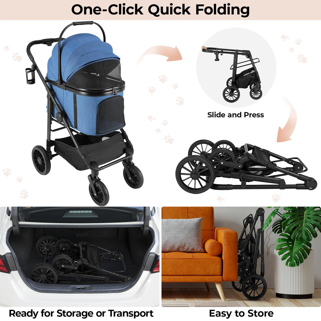 MAMIZO Pet Stroller for Medium Dogs Cats Up to 44 lbs, All-Terrain 3-in-1 Dog Stroller with Detachable Carrier, Rubber Wheels, One-Click Folding, Storage Basket & Cup Holder, for Senior Dogs & Cats