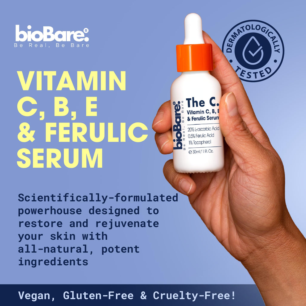 bioBare® Vitamin C, B, E & Ferulic Serum | 20% Pure Vitamin C Facial Serum with Hyaluronic Acid, Niacinamide & Ferulic Acid | L-Ascorbic Acid Serum for Dark Spots, Fine Lines, Wrinkles, Uneven Skin