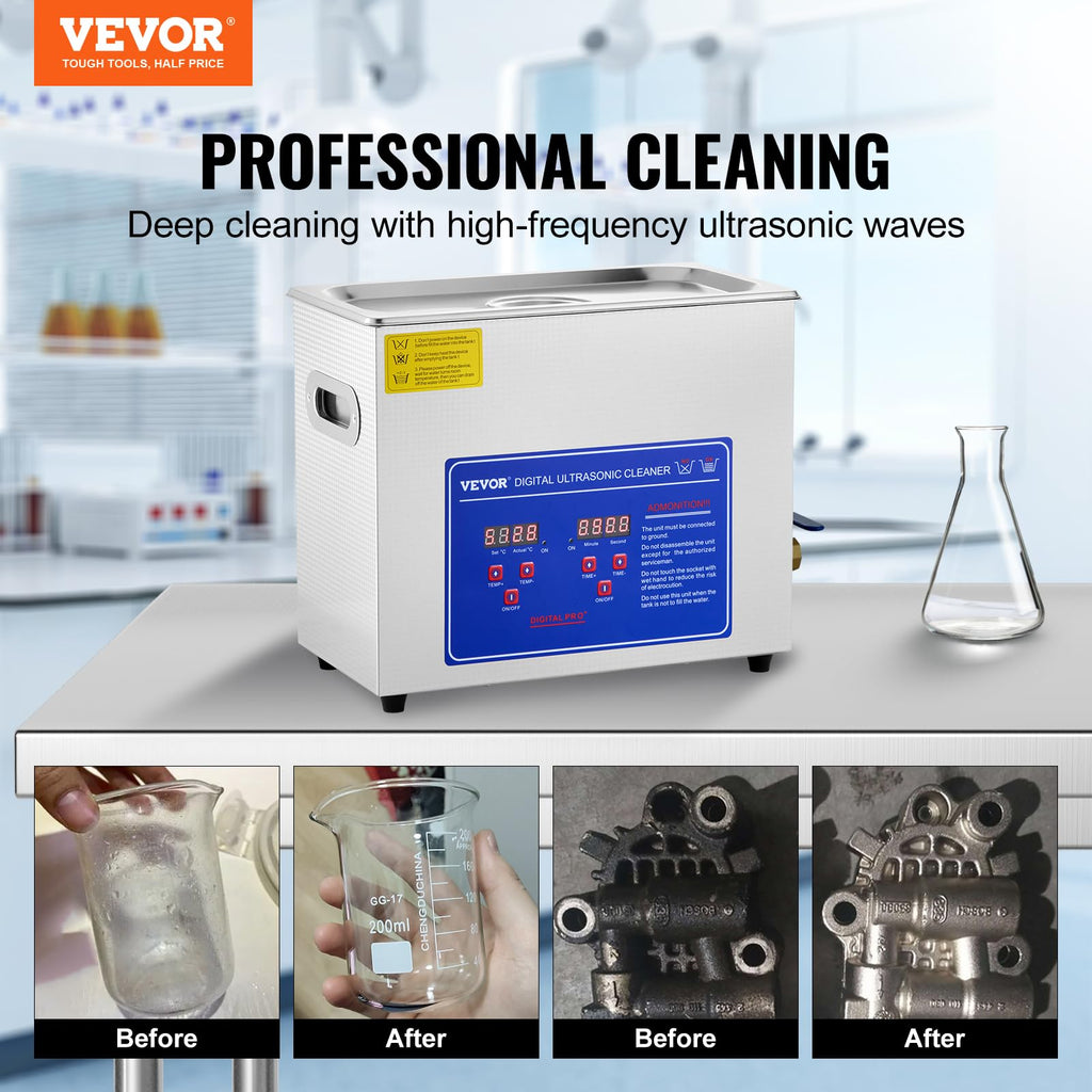 VEVOR 6L Commercial Sonic Cleaner, 40kHz Professional Cleaning Machine with Digital Timer & Heater, 110V - Ideal for Watches, Instruments, and Industrial Parts, FCC/CE/RoHS Certified