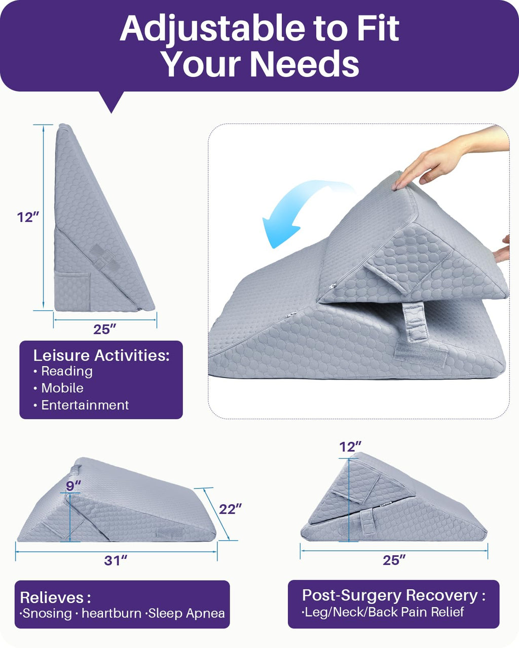 Kekoy Adjustable 9 & 12 Inch Wedge Pillow for Sleeping Apnea, Acid Reflux Relief, Back Pain, Snoring & Post Surgery Recovery, Memory Foam Bed Wedge Pillow with Removable Washable Cover & Handle-Grey