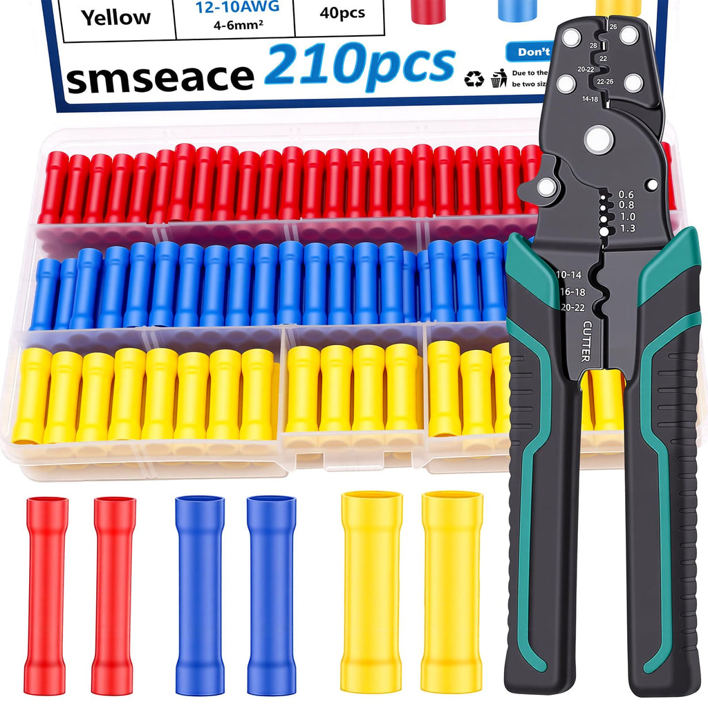 smseace 210PCS Wire Butt connectors with Crimping Tool 22-10AWG Butt Splice Connectors Insulated Electrical Straight Wire Terminal