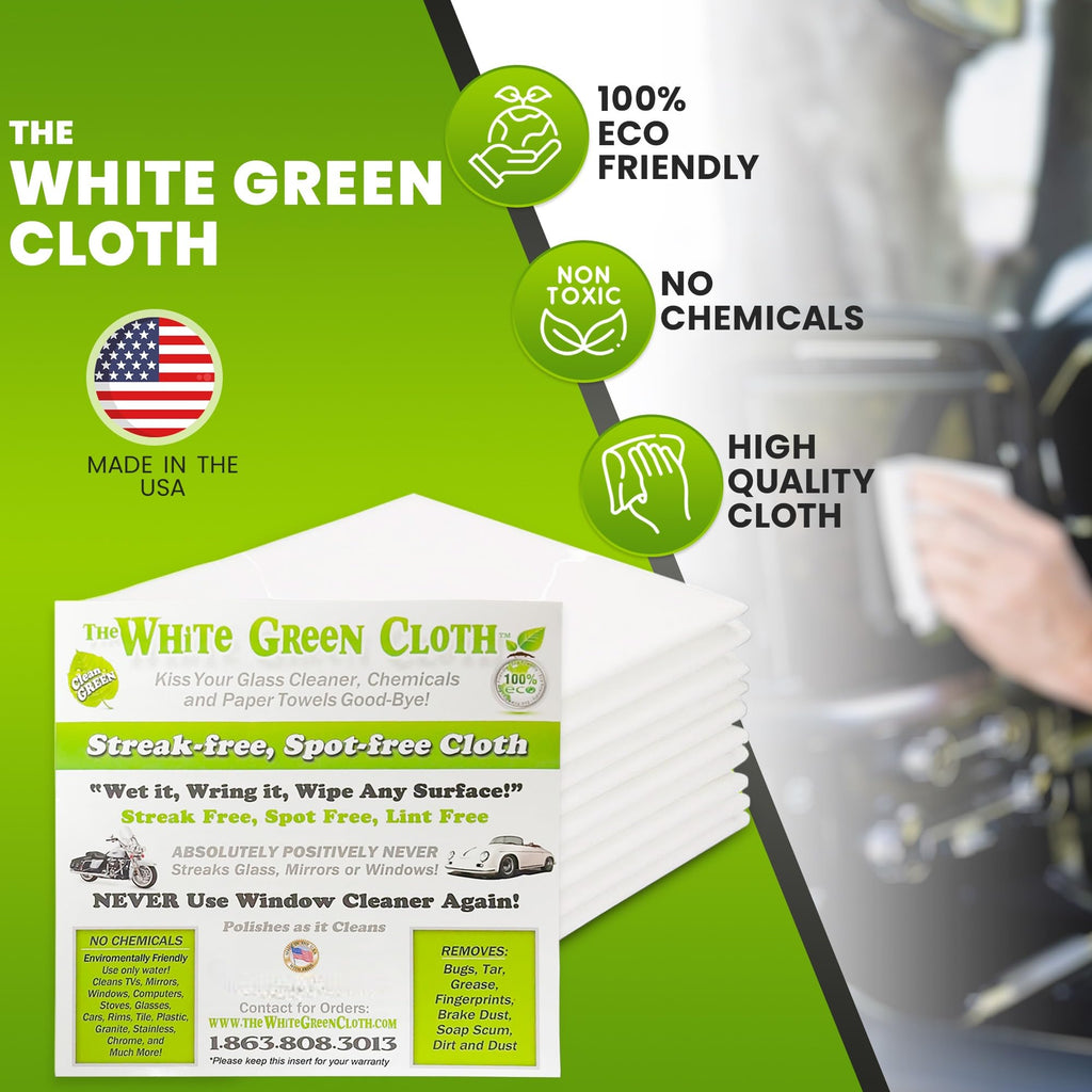 The White Green Cloth 4-Pack Reusable Cleaning Cloths for Streak-Free Windows, Mirrors & All-Purpose Use – Chemical-Free, Absorbent, Non-Abrasive, 16" x 16" White Cleaning Rags, Made in The USA
