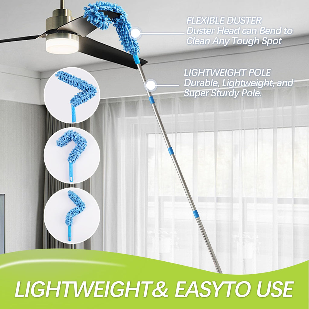 iHUFeather High Reach Duster Kit with14 ft Extension Pole High Ceiling Dusting and Window Cleaning Kit with Spliceable Pole - Cobweb Duster, Fan Blade, Window Washer & Squeegee and Feather Dusters