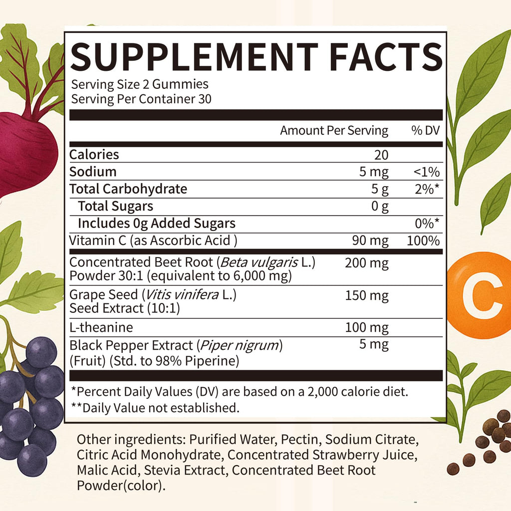 2 Pack Beet Root Gummies – Blood Pressure Support & Mood Support, Super Nitric Oxide Beets Supplement with Grape Seed, L-Theanine & Vitamin C, Sugar-Free Vegan, 30:1 Beet Root Extract, 120 Chews