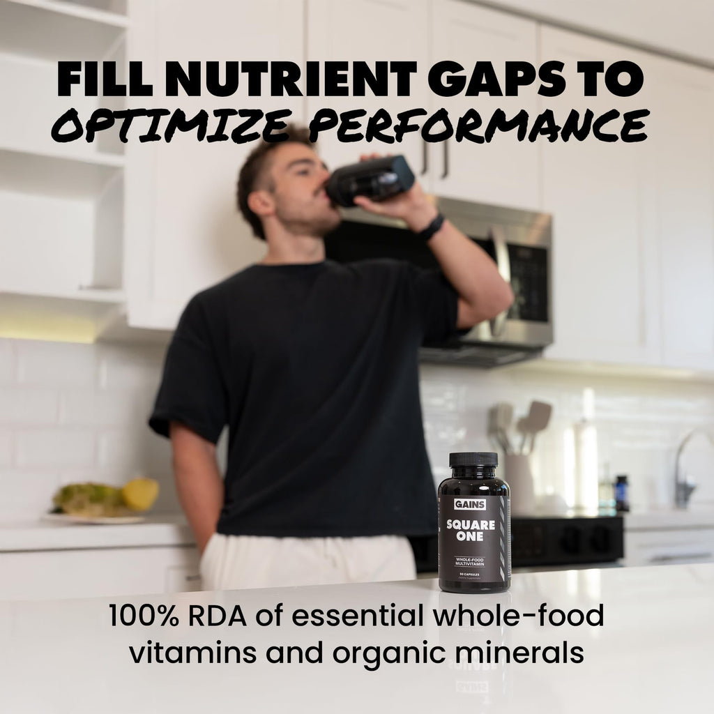 Gains in Bulk Square 1 Multivitamin and Mineral Supplement for Women and Men, Vitamins, Digestive Enzymes and Organic Minerals for Muscle Health, Performance and Immune Support, 90 Capsules