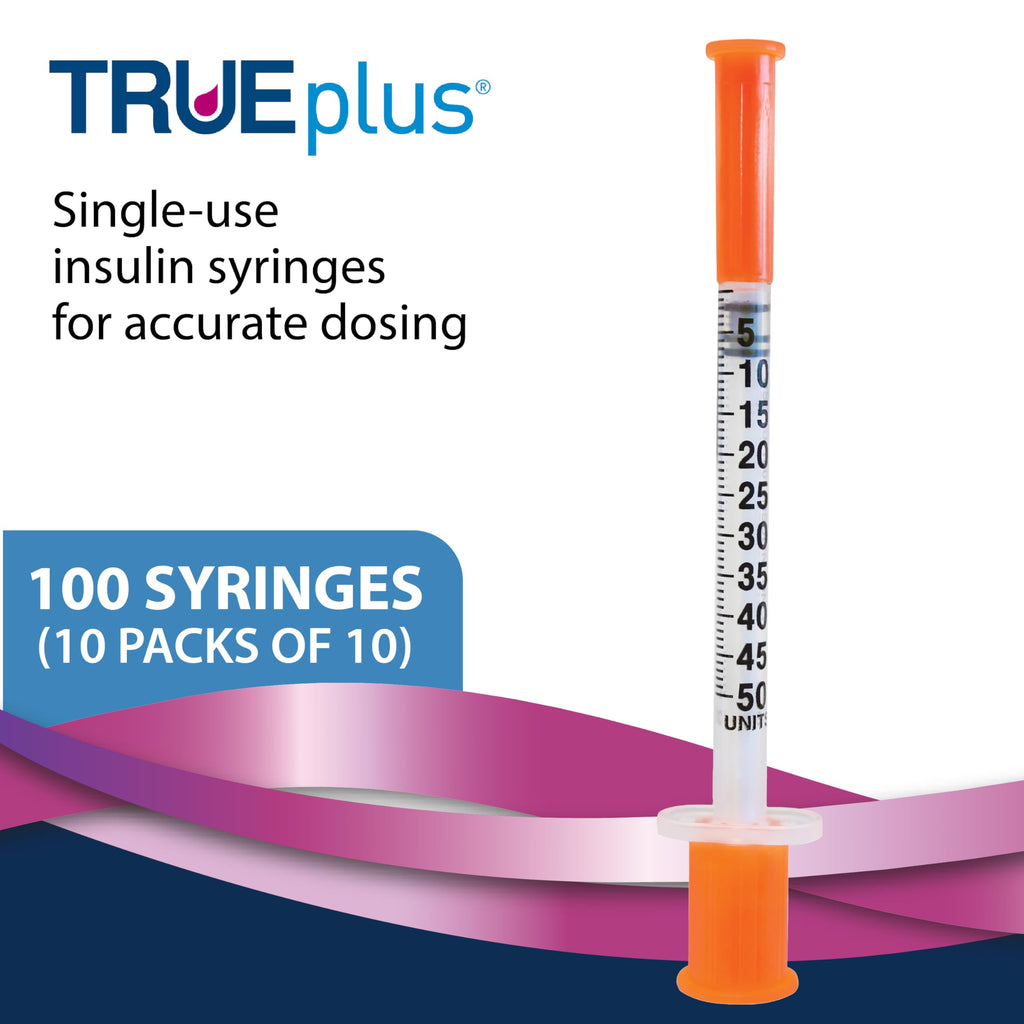 TRUEplus Single-Use Insulin Syringes, 30G 0.5cc 5/16 Inch Needle Length, 100 Count (10 Packs of 10)