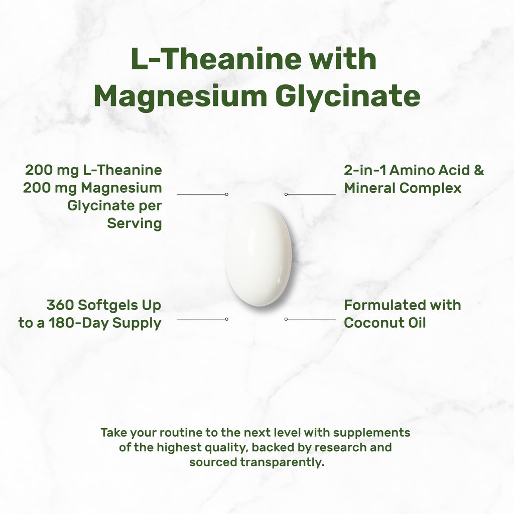 L-Theanine with Magnesium Glycinate, 360 Softgels | L-Theanine 200mg & Magnesium Glycinate 200mg per Serving | 2-in-1 Amino Acid & Mineral Complex | Made with Coconut Oil | Non-GMO, cGMP Manufactured