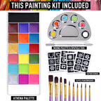 UCANBE Athena Face Body Paint Oil Makeup Set, 20 Colors FX Halloween Party Painting with Stainless Steel Mixing Palette and Spatula Tool,10 pcs Artist Paintbrushes,Tattoo Stencil Arts Crafts kit