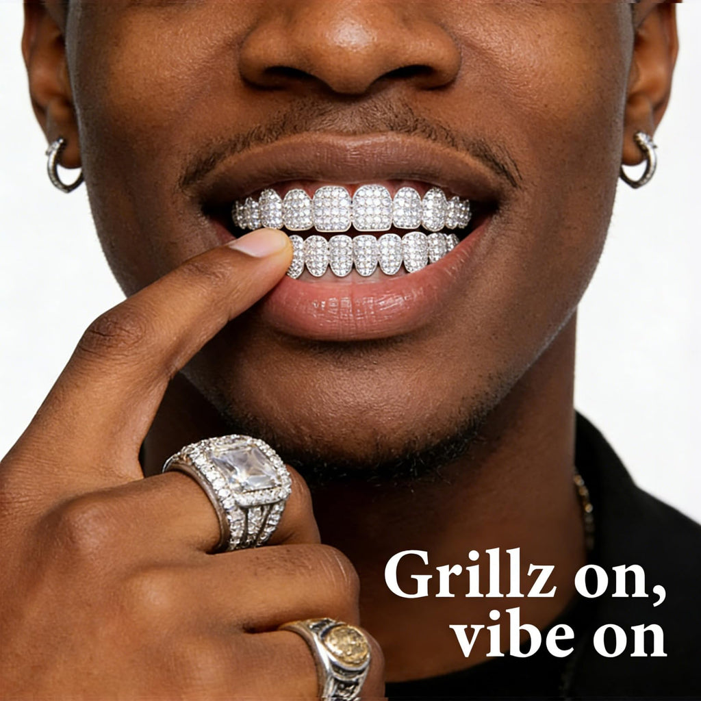 Custom Diamond Grillz for Men - Iced Out Detachable Gold & Silver Teeth Covers - Bling Hip Hop Mouth Jewelry (Silver)