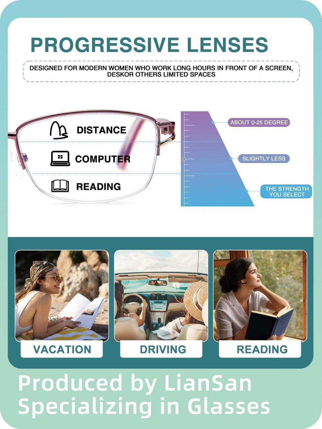 LianSan Metal Zero Top Progressive Multifocus Reading Glasses - for Women Half-Rim Blue Light Blocking Readers Clear Top Pink 2.50