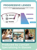 LianSan Metal Zero Top Progressive Multifocus Reading Glasses - for Women Half-Rim Blue Light Blocking Readers Clear Top Pink 2.50
