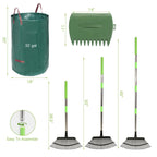65 Inch 25 Tines Metal Leaf Rake Set with 32 Gal Bags Scoops, 18in Wide