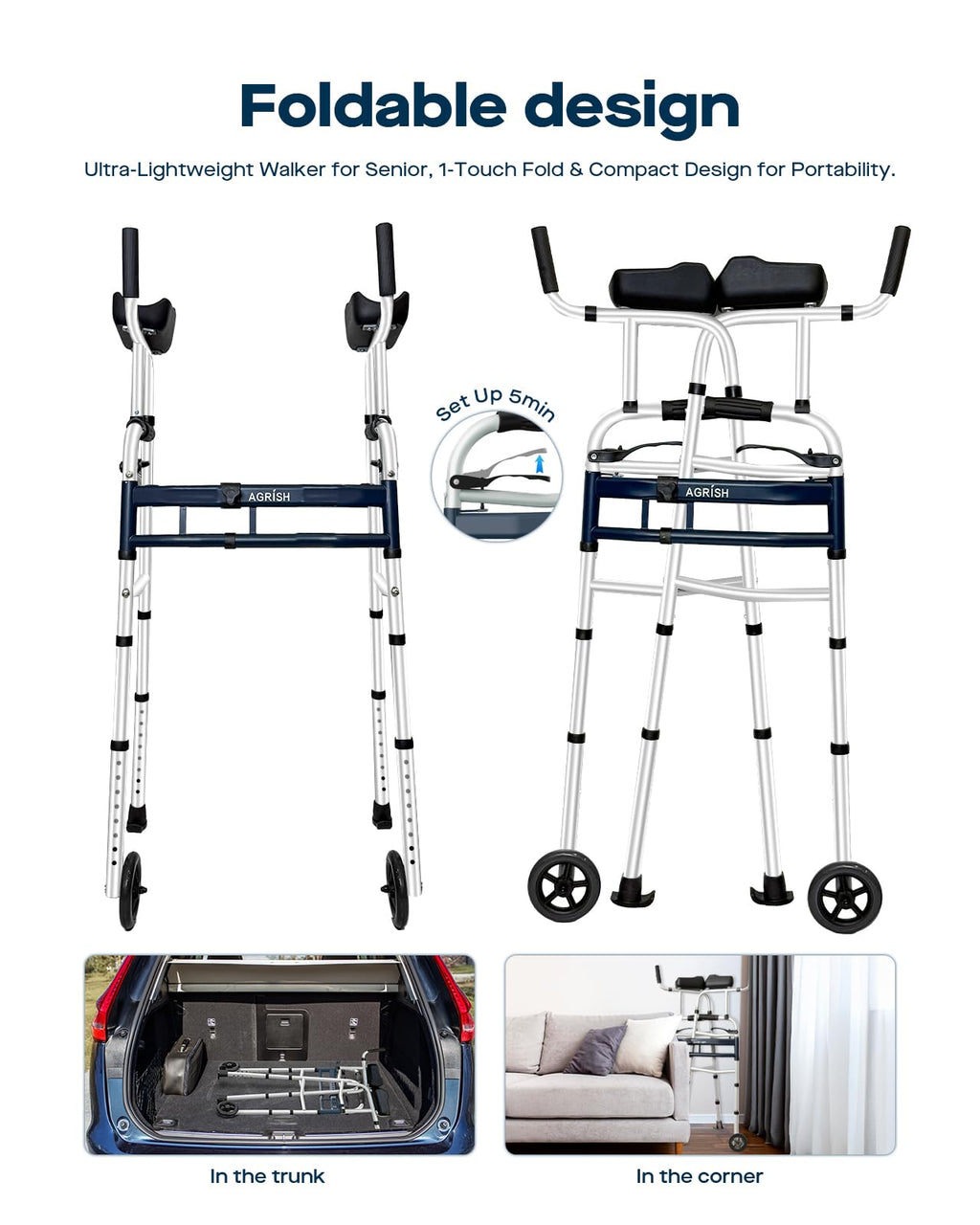Narrow Walker Folding Upright Walker - with Removable Armrests, 450LBS Heavy Duty, Width & Height Adjustable Narrow Walkers for Seniors, Disabled, Bariatric