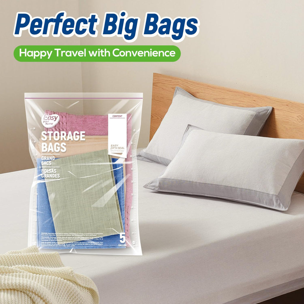 EASYYOURHOME 20PCS 5 Gallon Zipper Lock Storage Bags,18"x24",Reusable Extra Large Size Plastic Freezer Bag with Zipper for Food,Clothing,Travel,Moving,BPA-Free,2-Mil Thick