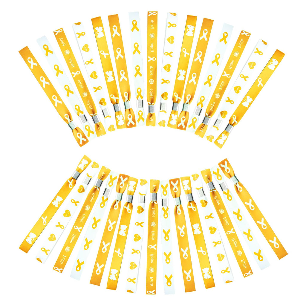 WANDIC 30 Pcs Gold Ribbon Bracelets, 5 Style Polyester Single Side Adjustable Childhood Cancer Awareness Support Wristband for Event Fundraising, 6.89 * 0.59 * 0.07, no Gemstone