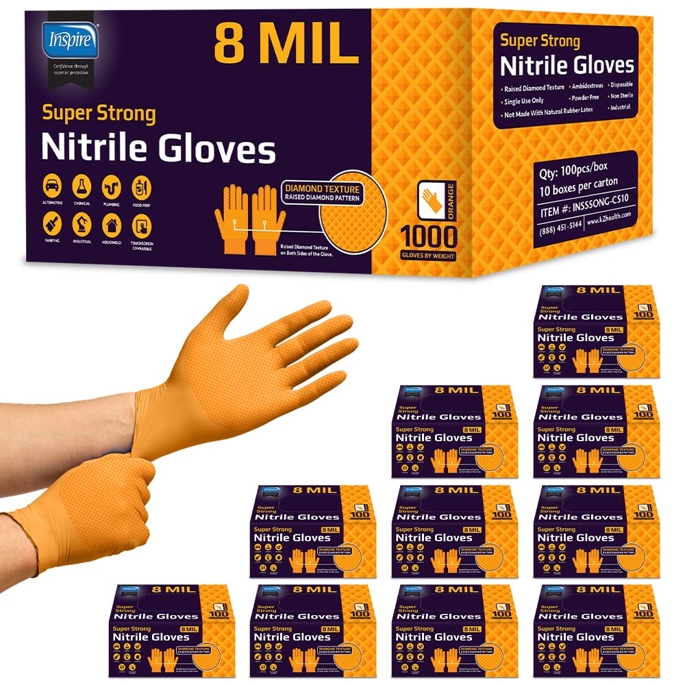 Inspire Heavy Duty Orange Nitrile Gloves | ULTRA 8 Mil Diamond Textured Grip | Industrial Mechanic Disposable Cleaning Gloves (1000, XXL)