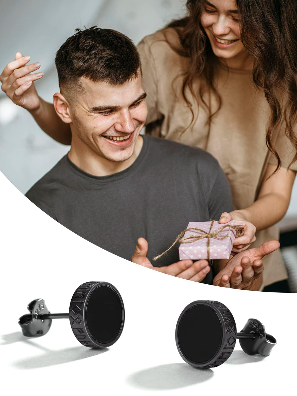 ChicSilver 925 Sterling Silver Earrings for Men, Hypoallergenic 8MM Viking Rune Men's Earring, Natural Black Onyx Mens Stud, Fathers Day Christmas Jewelry