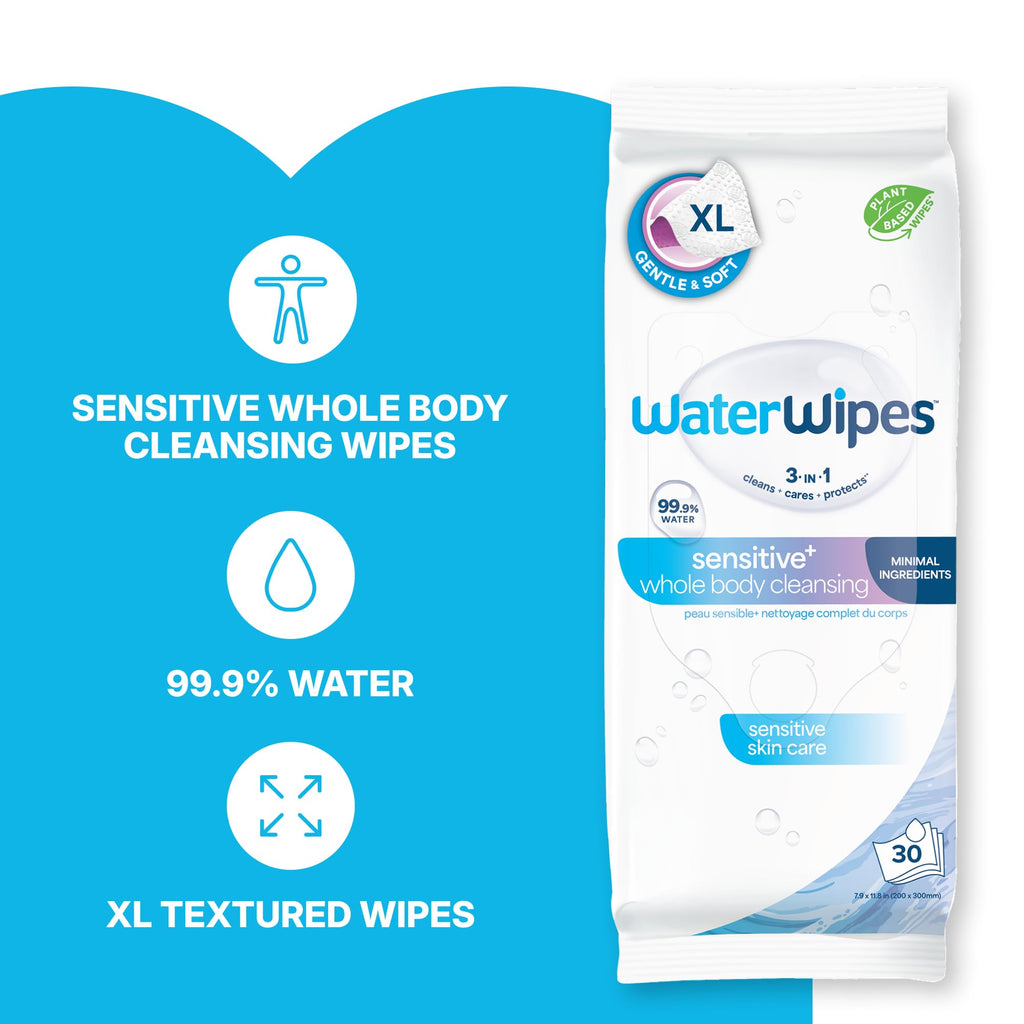 WaterWipes Sensitive Whole Body Cleansing Wipes, 99.9% Purified Water, XL Textured Wipes, Incontinence Care, Fragrance Free, 90 Count