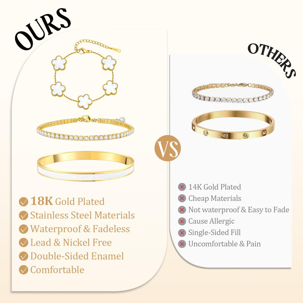 MOINSPIRE Gold Bracelets for Women, 18K Gold Plated Four Leaf Love Tennis Nail Clover Bangle Bracelets Set Non Tarnish, Stainless Steel Trendy Stackable Bracelet Fashion Jewelry Accessories Gifts