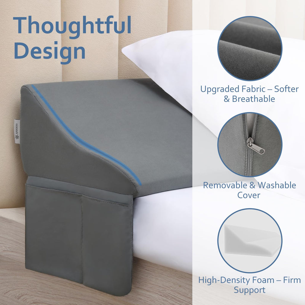 Vekkia Queen Bed Wedge Pillow for Headboard Gap – 0–6" Bed Gap Filler with Firm Foam Support & Extra-Large Pockets – Prevents Lost Pillows, Phones & Small Items(Gray)