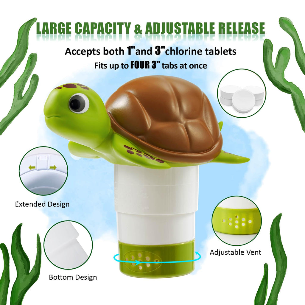 Chlorine Floater, Floating Pool Chlorine Dispenser, Fits 1 and 3 Inch Tablets & Bromine Holder for Large/Small Pools, Hot Tub, Spa - Sea Turtle