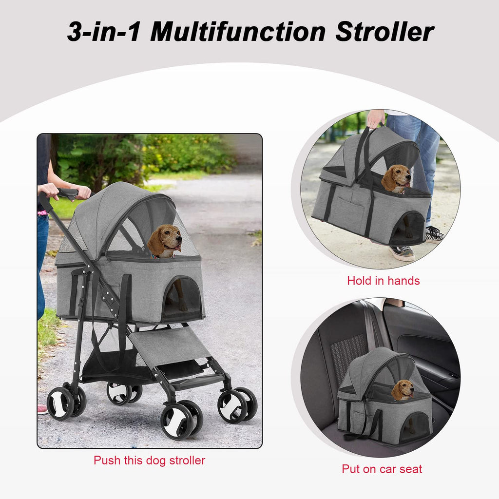 BestPet Pet Stroller Premium 3-in-1 Multifunction Dog Cat Jogger Stroller for Medium Small Dogs Cats with Folding Lightweight Travel & Detachable Carrier,Grey