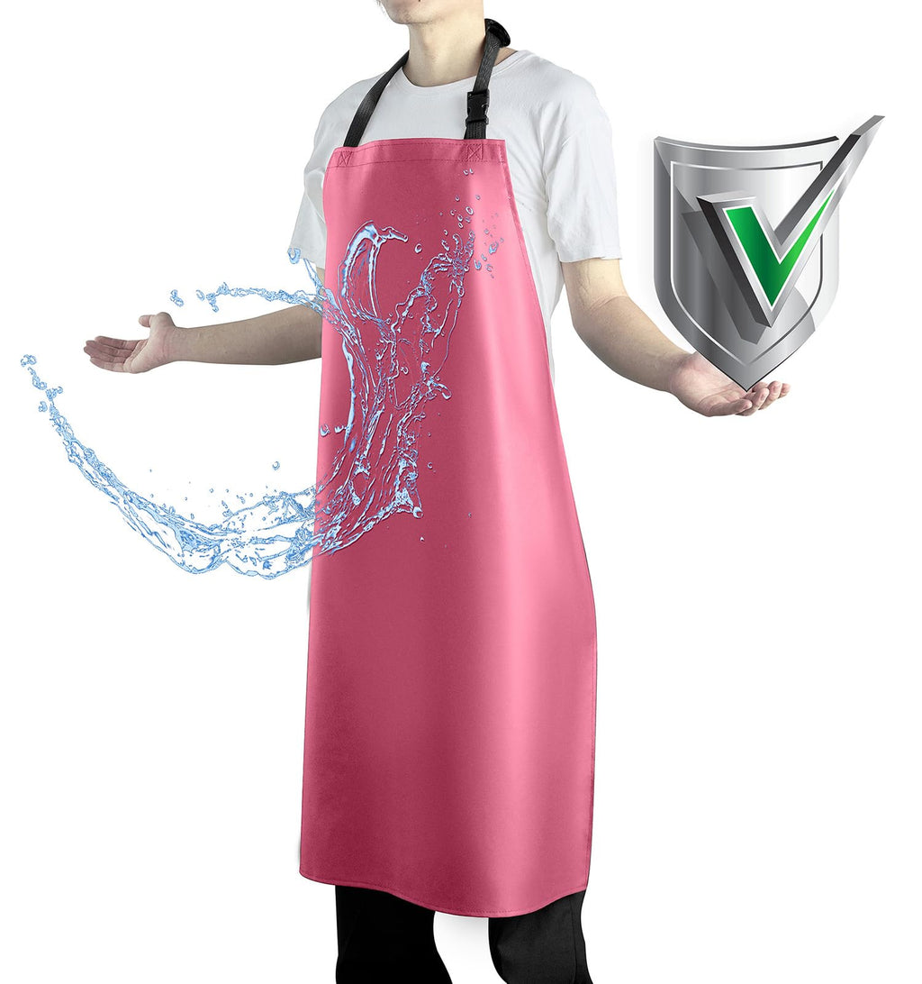 Vammcht Adjustable Bib Apron - Heavy Duty, Waterproof Plastic Apron for Dishwashing/Kitchen/Restaurant/Chemical Resistant; Pink