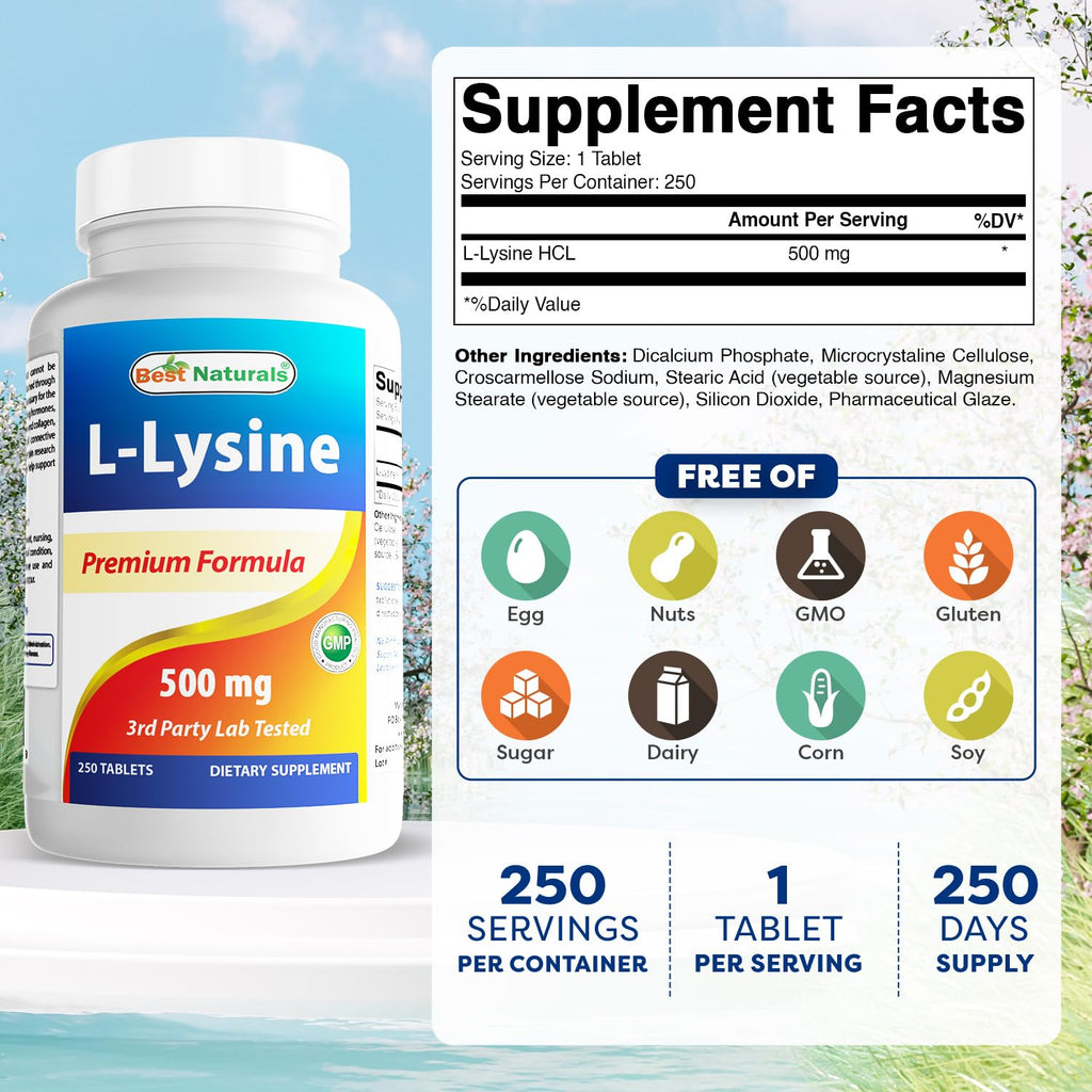 Best Naturals L-Lysine 500 mg 250 Tablets (250 Count (Pack of 3))