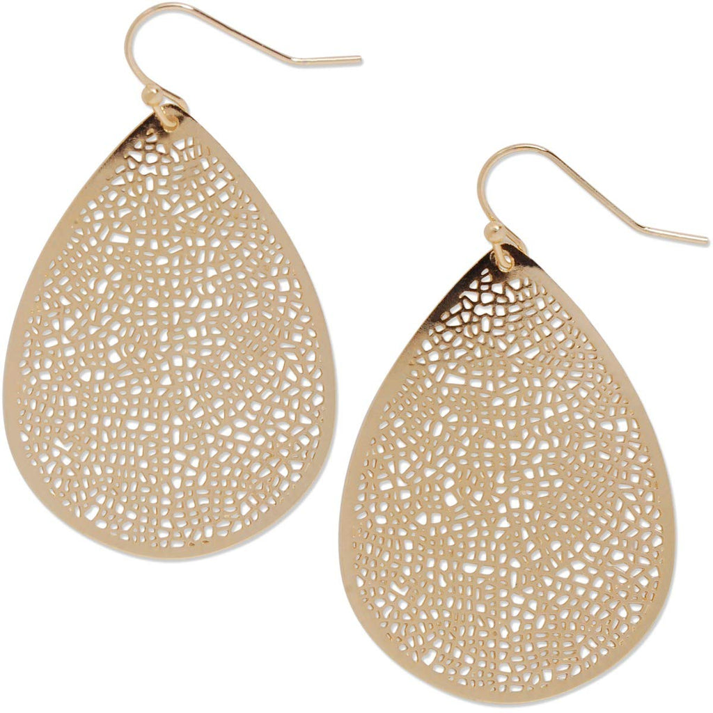 Gold Tone Teardrop Earrings for Women - Boho Simple Filigree Leaf Dangles