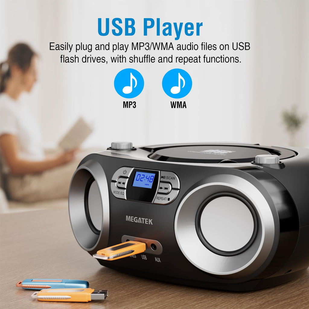 MEGATEK Portable CD Player Boombox with Bluetooth & FM Radio – Black