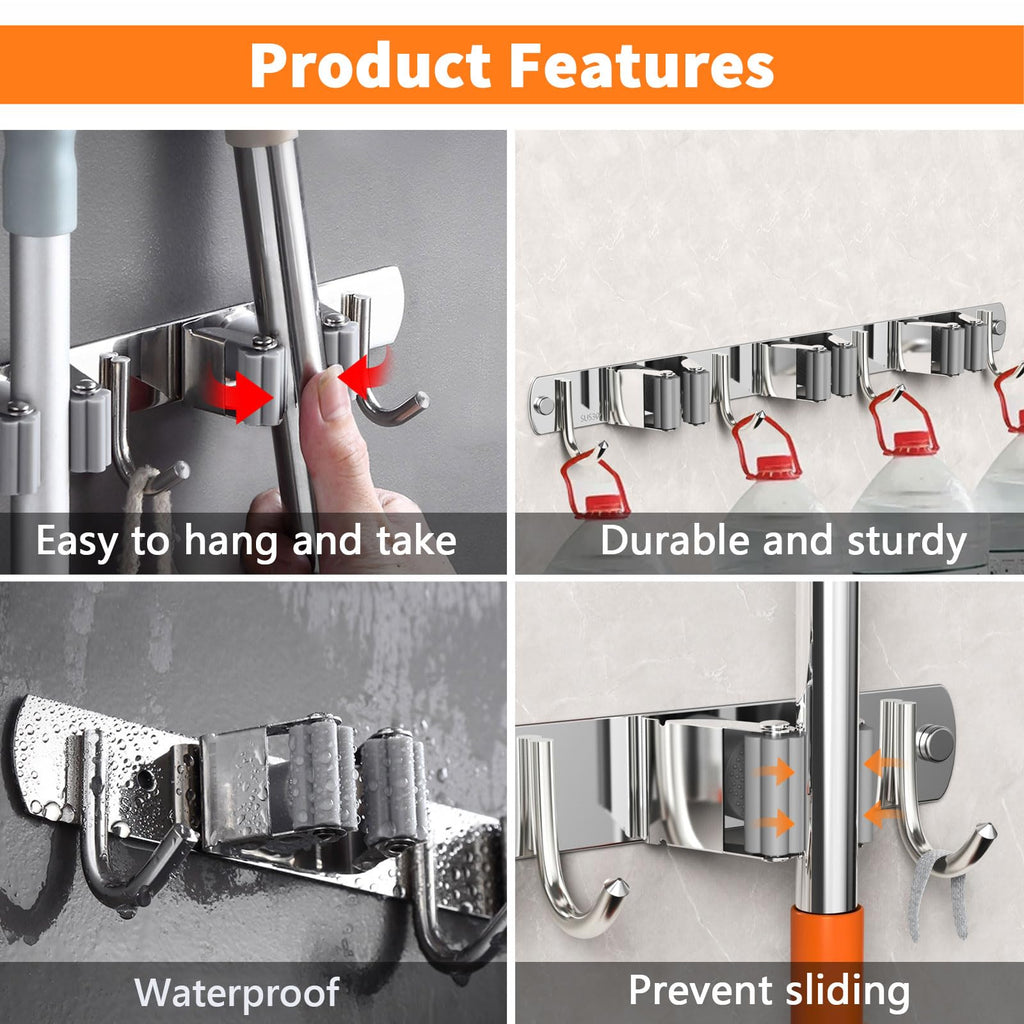 CUXIXA 2 Pack Mop and Broom Holder Wall Mount, Non-slip Broom Hanger, Heavy Duty Mop Broom Organizer for Kitchen Garden Garage Laundry Room Wall Decor Organization and Storage Silver 3R4H