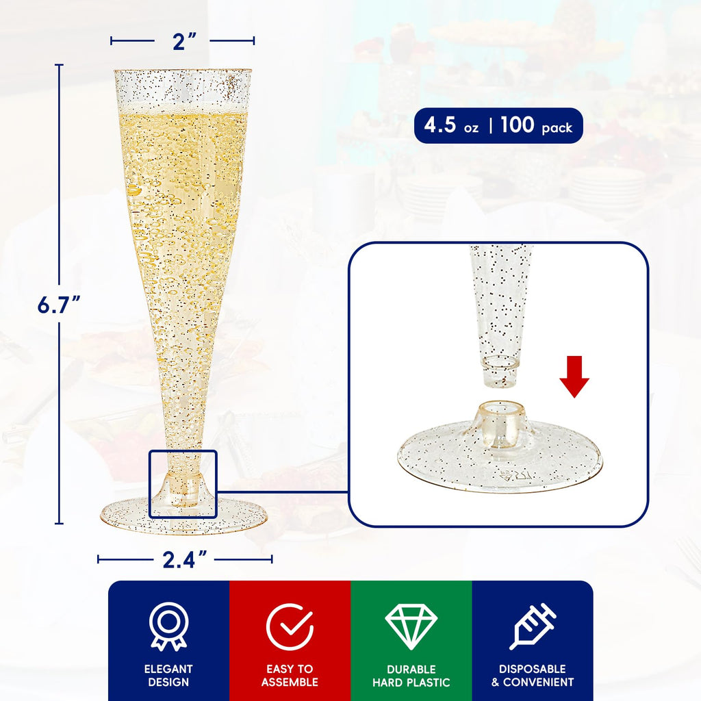 JOLLY CHEF Plastic Champagne Flutes 4.5 oz 100 Pack Gold Glitter Glasses