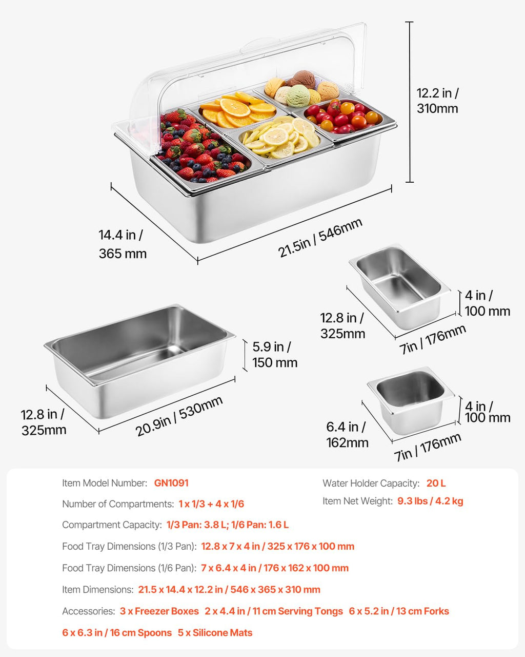 VEVOR Countertop Food Serving Display Container, 5 Pan Stainless Steel Food Serving Tray, Buffet Condiment Dispenser Display Rack with Clear Lid & 3 Freezer Boxes, for Restaurant Hotel Kitchen Party