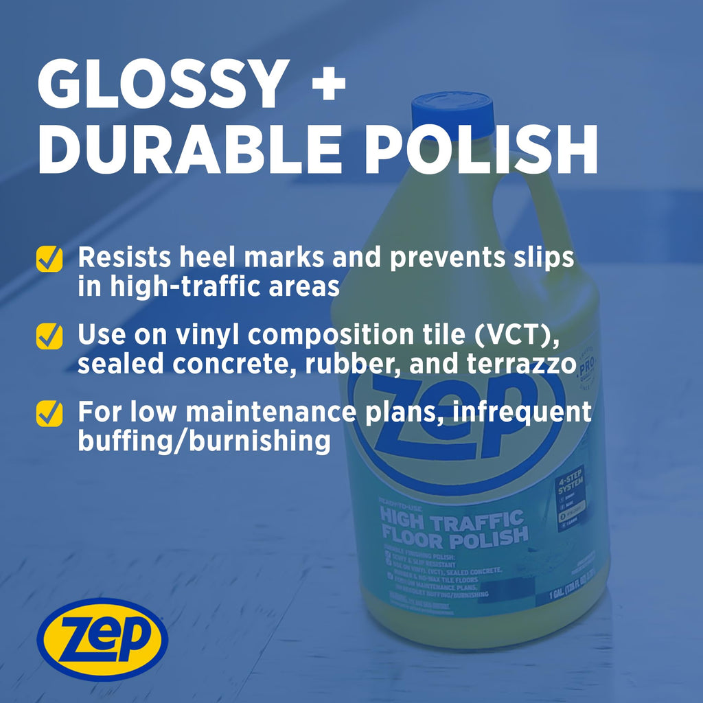Zep Commercial High-Traffic Floor Polish, 4-1 Gallon Bottles, Professional Grade Floor Finish For a Range Of Hard Floor Surfaces (ZUHTFF128)