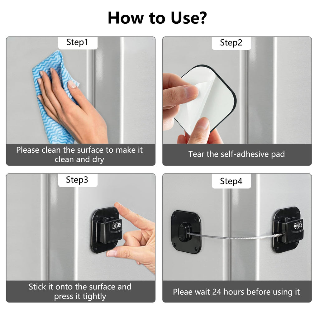 Refrigerator Lock, Heavy Duty Fridge Lock, Combination Lock for Refrigerator Cabinets, Drawers, Safety Lock, Easy Install No Keys Needed (Black-4Pack)