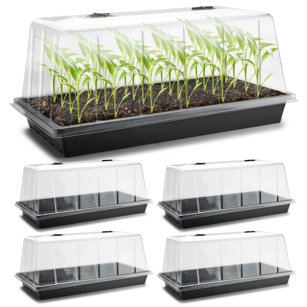 1020 Plant Tray with Tall 7.3" Dome, 5-Pack Extra Large Seed Starter Tray with Humidity Domes, Heavy Duty 1020 Trays and Flats with Lid, Seed Germination Mini Greenhouse No Hole for Balcony Garden