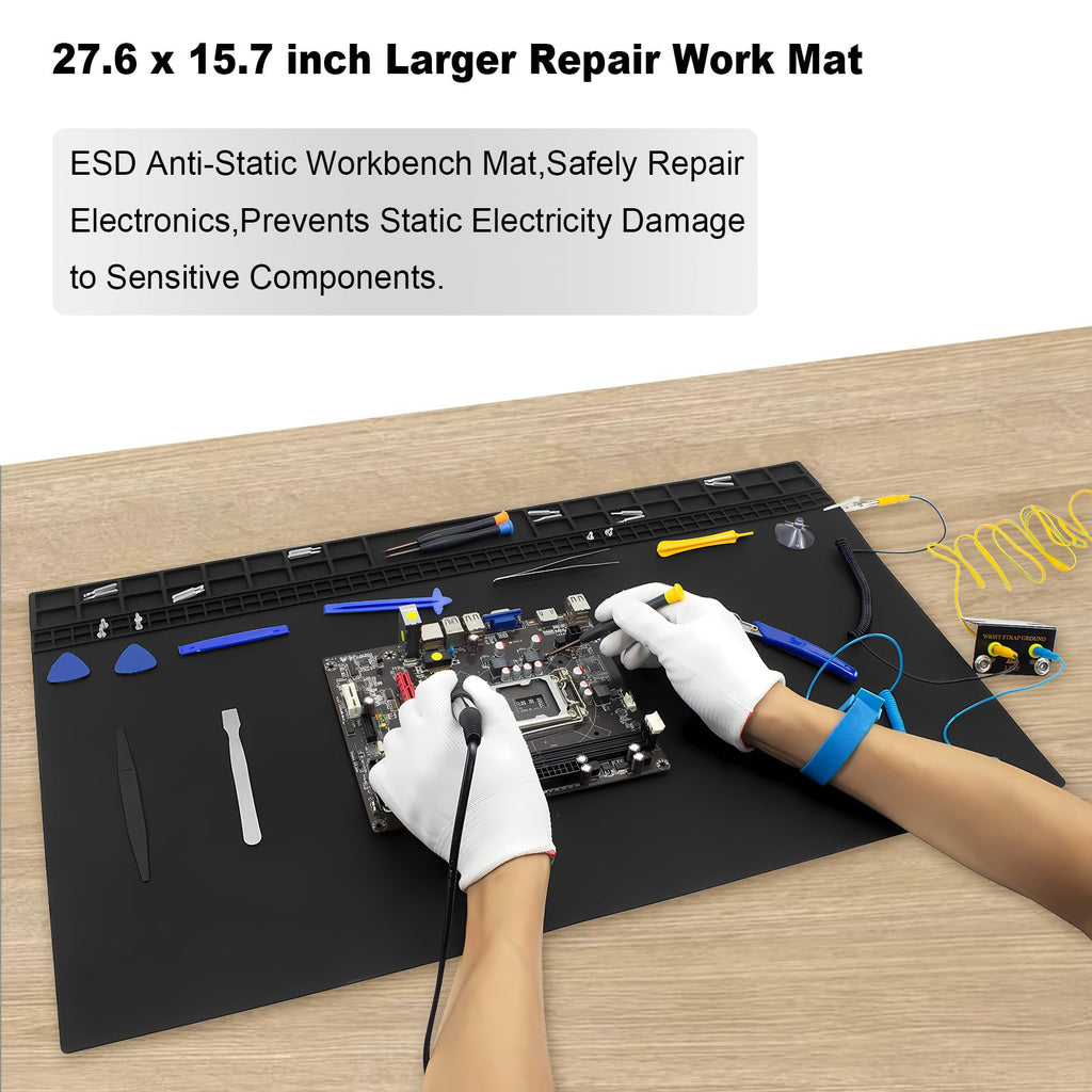 Anti Static Soldering Mat, Extra Large 27.6" x 15.7" Heat Resistant 932°F Large Silicone ESD Safe Work Mat with Grounding Accessories and Anti Static Wrist Strap (Black)