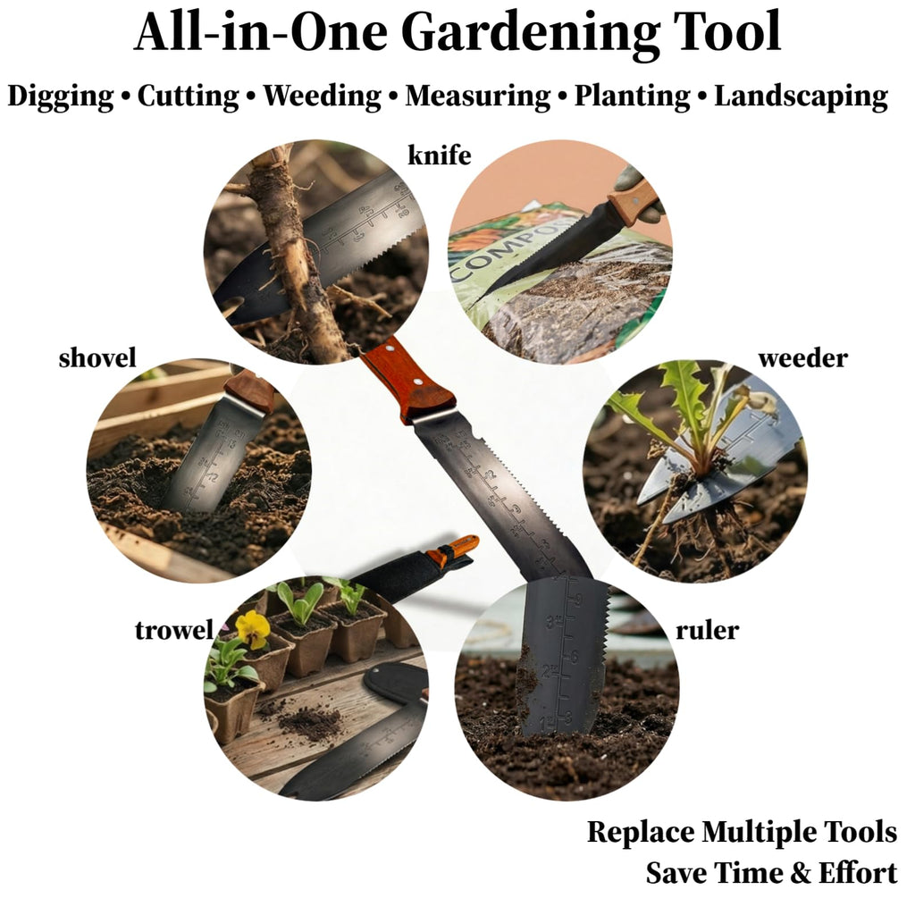Hori Hori Garden Knife, 7" Full Tang Thick Stainless Steel Blade, Multi-Edge Design with Serrated Edge & Hook Cutter, Depth Markings, Heavy Duty Garden Tool with Sheath for Digging, Weeding & Planting