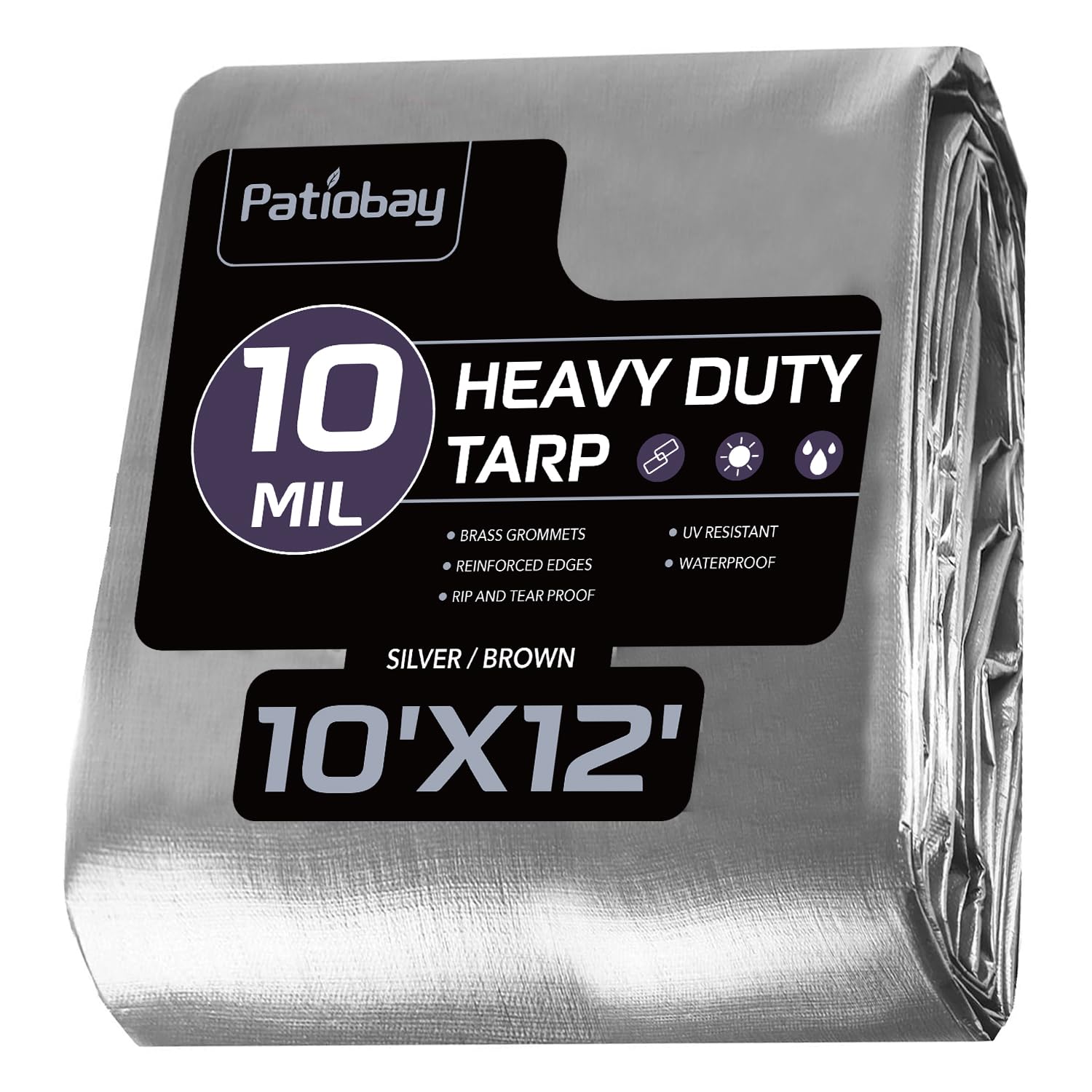 Patiobay Tarp 10x12 Feet, 10 Mil Waterproof Tarps Heavy Duty with Grommets Every 23.6", Thick Plastic Tarp, UV Resistant Tear&Fade Resistant, Reinforced Edges for Outdoor Pool Camp Tent