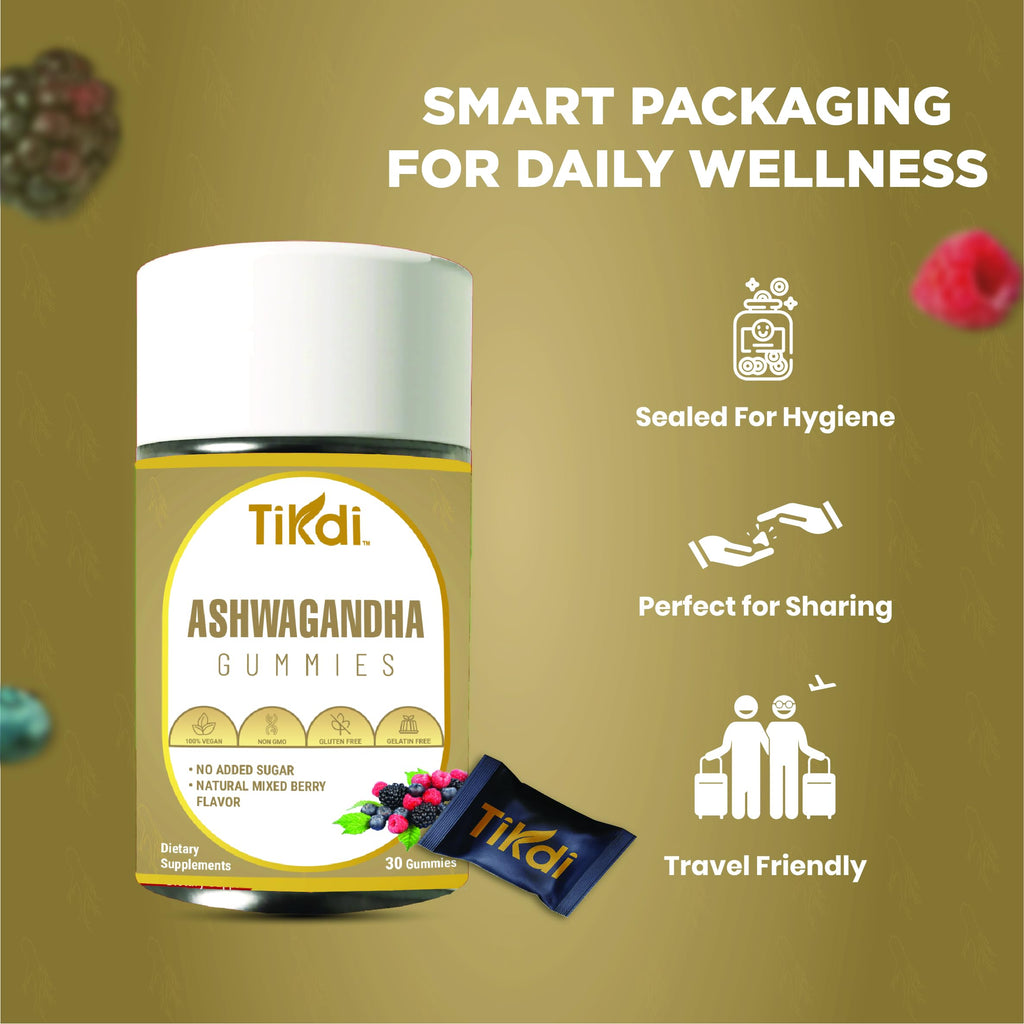 TIKDI Ashwagandha Gummy - 30 Count - Mixed Berry, KSM-66, Vegan, Plant Based, Non-GMO, Gluten-Free, Gelatin Free, No Added Sugar